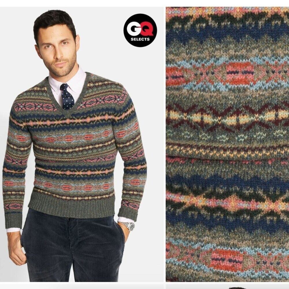 Polo Ralph Lauren Mens Sweater Small Fair Isle V-Neck Lambswool Alpaca Wool